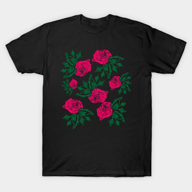 Rose Floral Line Art Pattern T-Shirt by Alex